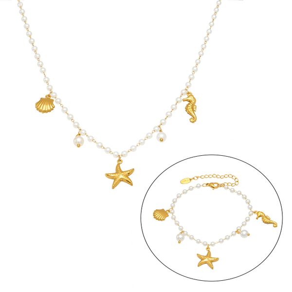 Ocean Bead Jewelry Set - Hand-strung Shell &amp; Resin Necklace &amp; Bracelet