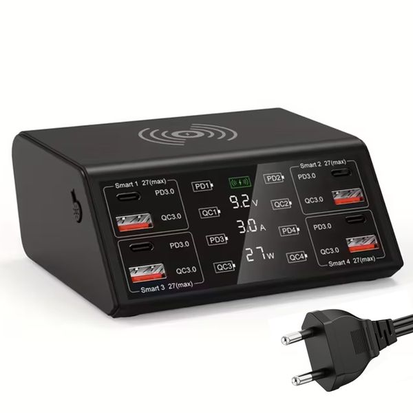 8-Port Wall Charger with Wireless Charging Pad, 100W Fast Charging PD 3.0