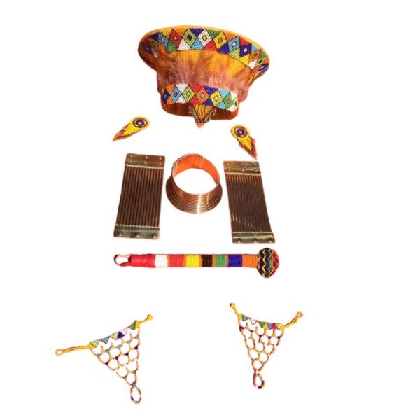 Yellow Zulu Hat Set with Bangles, Neckring, Earrings, Stick - 5 Piece
