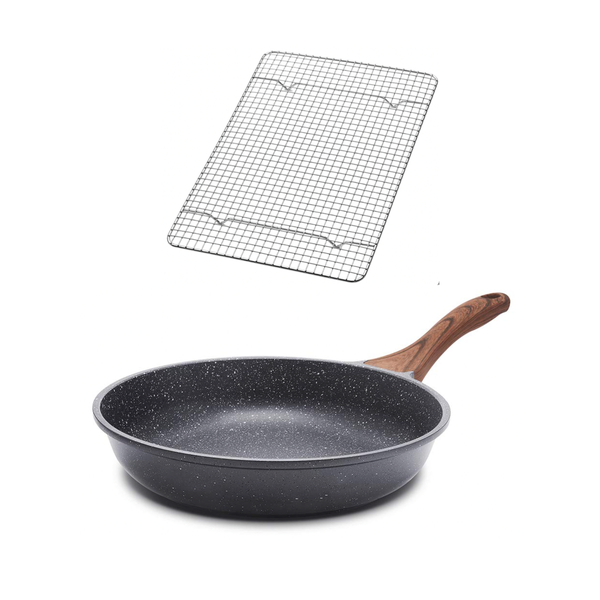 Aluminum Non-Stick Frying Pan with Wooden Handle + Steel Cooling Rack