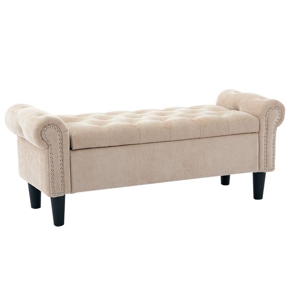 Button Tufted Storage Ottoman Bench with Rolled Arms
