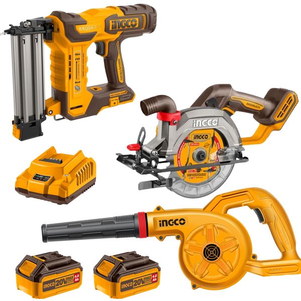 Ingco - Cordless Circular Saw, Blower, Nailer, 2x 4Ah Batteries &amp; Charger