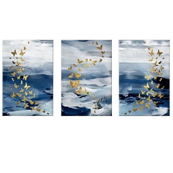 Canvas-Art-3 Pieces Dark Blue Ocean Wave Flying Golden Beautifly Wall Art