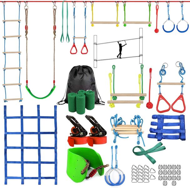 Ninja Warrior Obstacle Course for Kids Backyard - 2×50ft Slackline Kit