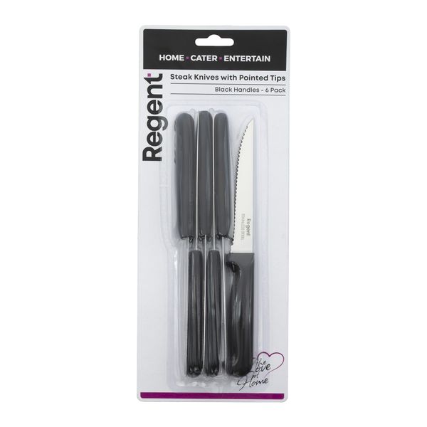 Regent Kitchen Steak Knife with Pointed Tip and Black Handles - 6 Pack
