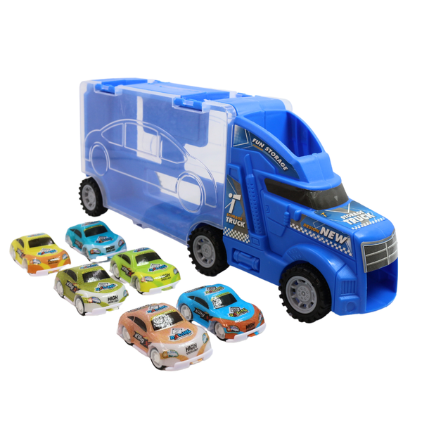 Trailer Truck with Sliding Pot for Kids- Pull Back 12 Small Cars - Red