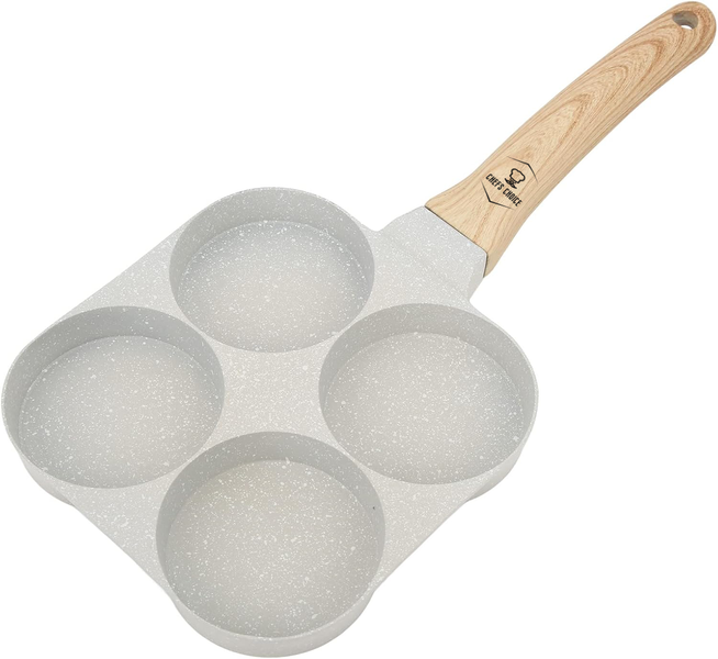 Chefs Choice 4 Hole Nonstick Egg Frying Pan-Mini Omelette Pan Wooden Handle