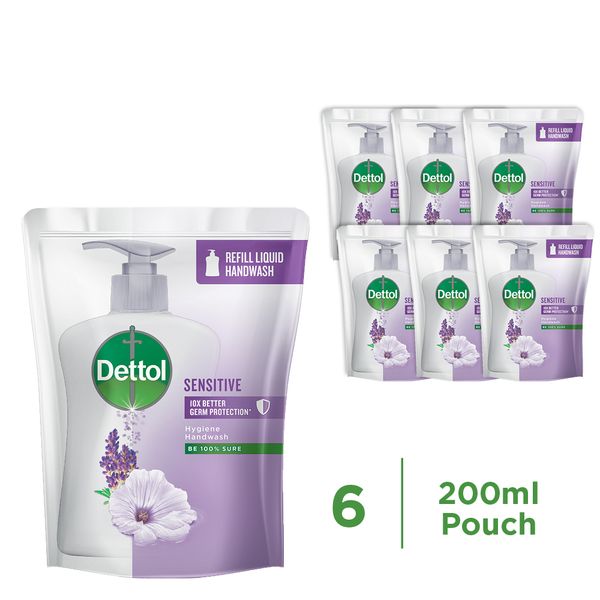 Dettol 6 x 200ml, Hygiene Liquid Hand Wash, Refill, Sensitive