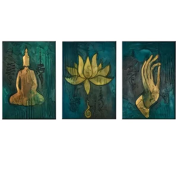 Canvas-art-3 Pieces Green &amp; Gold Sacred Lotu Cultural Abstract Wall Art