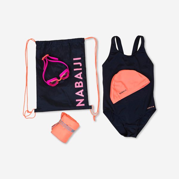 Nabaiji Start 100 Girl's Swimming Set - Navy &amp; Coral (Bag, Towel, Goggles, Cap, Swimsuit)