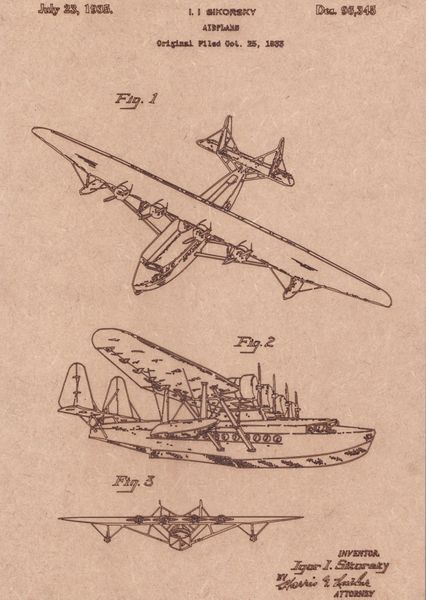 Vintage Patent Sketch Style Sikorsky Airplane - Unframed