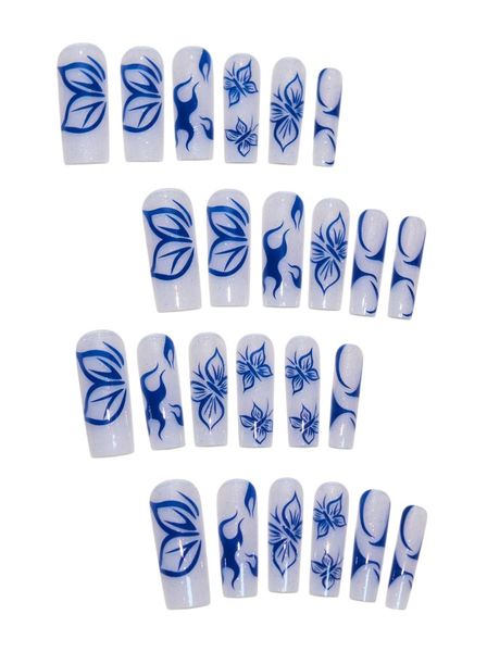 24 Piece - Butterfly Design Coffin Shaped Press On Nails - White &amp; Blue