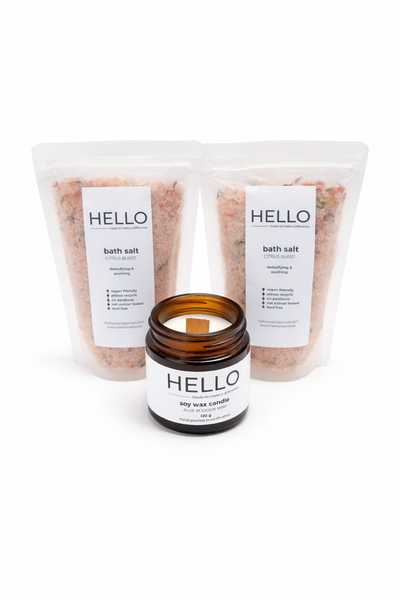 HELLO Bath Salts &amp; Aloe Bloom Soy Candle Relaxation Set