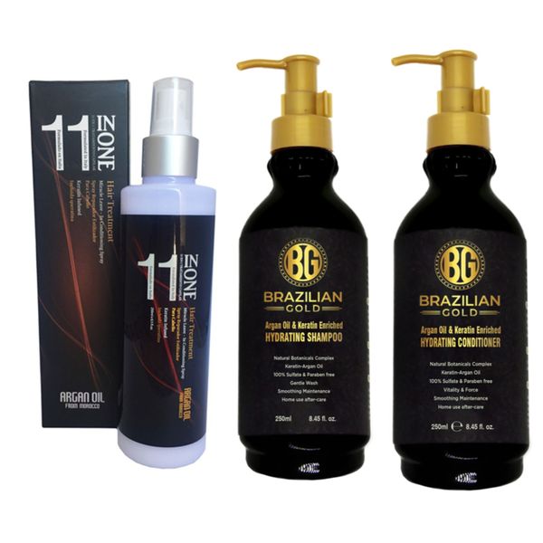 Argan Oil 11 in One + Brazilian Gold Keratin Shampoo &amp; Conditioner 250ml