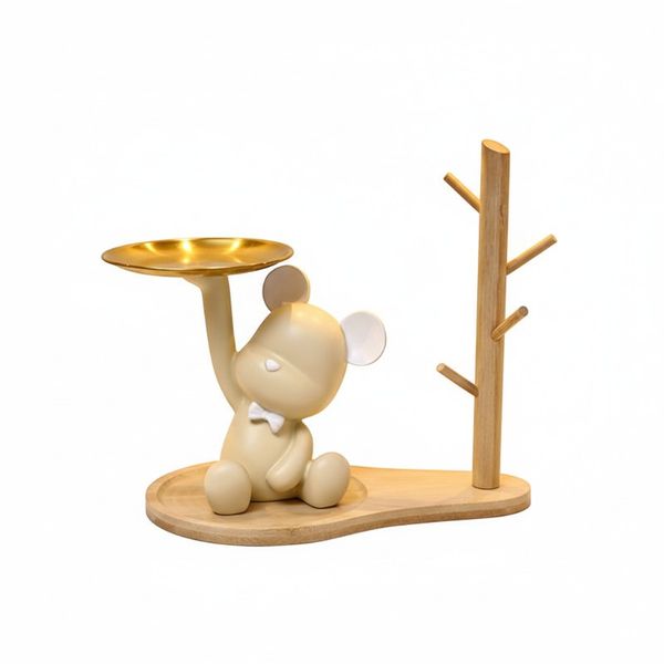 Chic Bear Key and Jewellery Tray with Wooden Stand - Beige