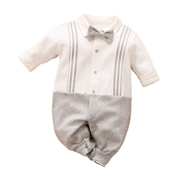 Kittikin - Grey and White Stripes Baby Boy Onesie with Bowtie