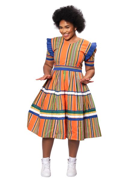 Selphies African Mix Culture Venda-Pedi Orange Shy Makoti Flare Dress