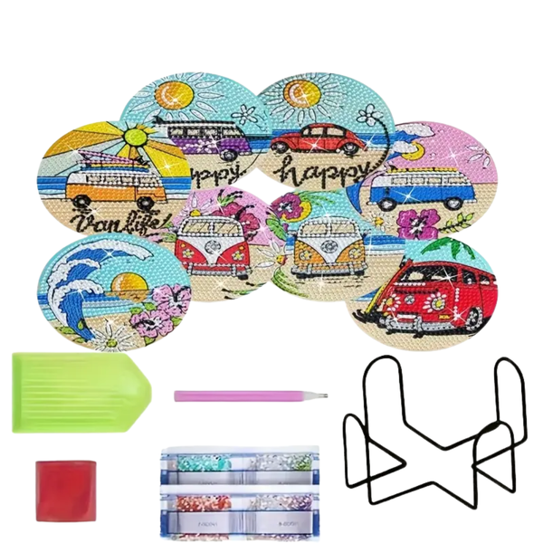 8-Pack DIY Diamond Painting Coaster Kit with Stand - Beach Vibes