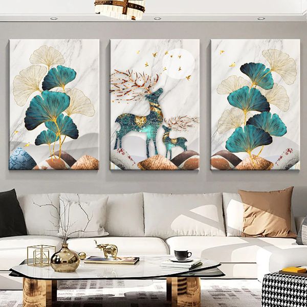 Abstract 3-Piece Green Leaf Gold Deer Canvas PrintWall Art Decor