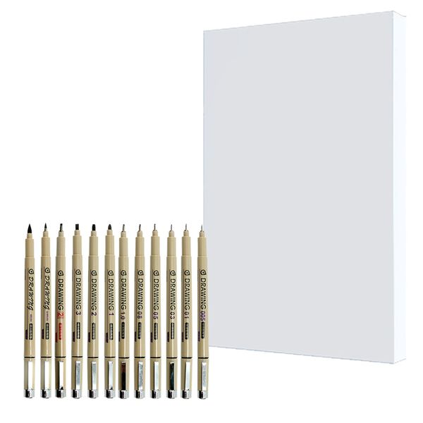 12 Set Black Fineliner Ink Pens Sketching Set With 100 Pcs 8K Sketch Paper