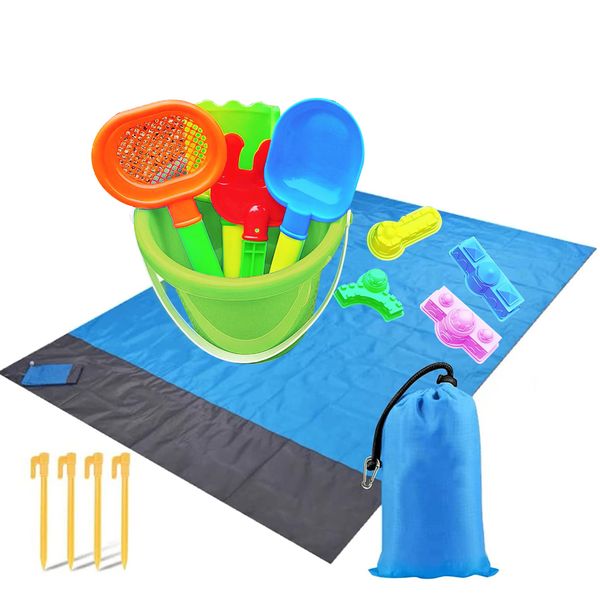 2m x 2.1m Waterproof Beach Blanket Picnic Mat with 9 Piece Sandcastle Toy.