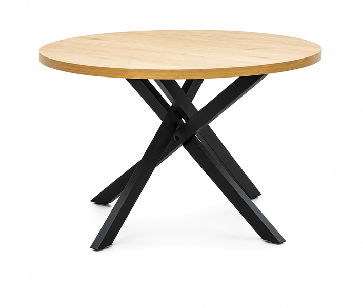 Modern Round Dining Table with Wood Top &amp; Black Metal Legs - 1200x750mm
