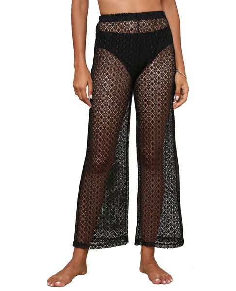 Women's Beach Cover Up Pants Sheer Mesh Elastic High Waist Beach Pants