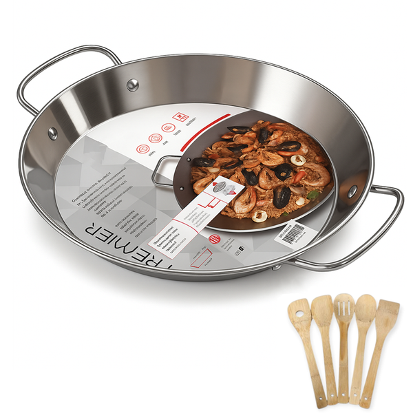 Premium Stainless Steel Paella Pan Cooking Pan with Bamboo Kitchen Set