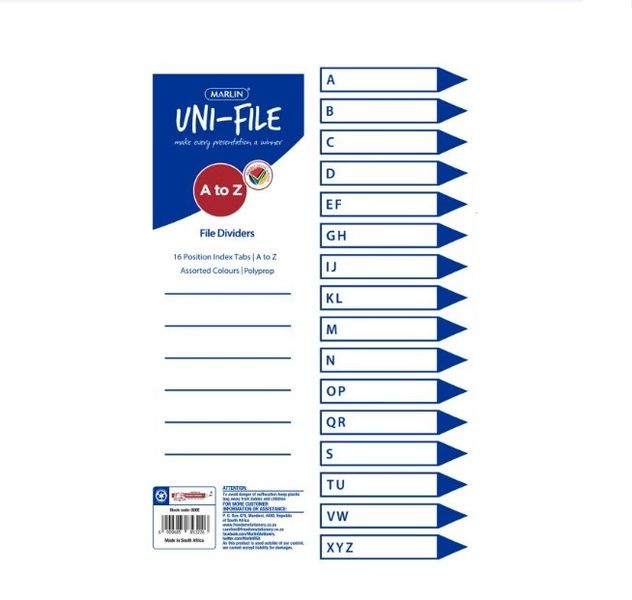 Marlin - File Dividers Polyprop: A To Z 16 Tabs (Pack Of 10)