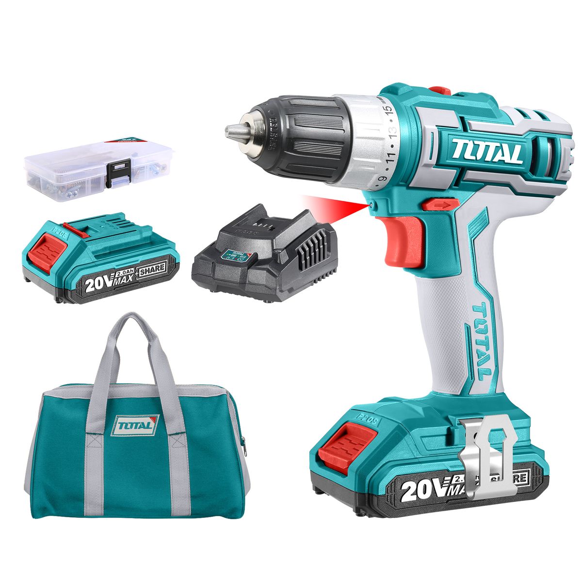 Total Tools 20V Lithium-Ion Cordless Drill with 2 x Battery & 1 x Charger