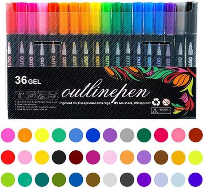 36pcs of Double-Line Outline Fluorescent Markers, Metallic Highlighters