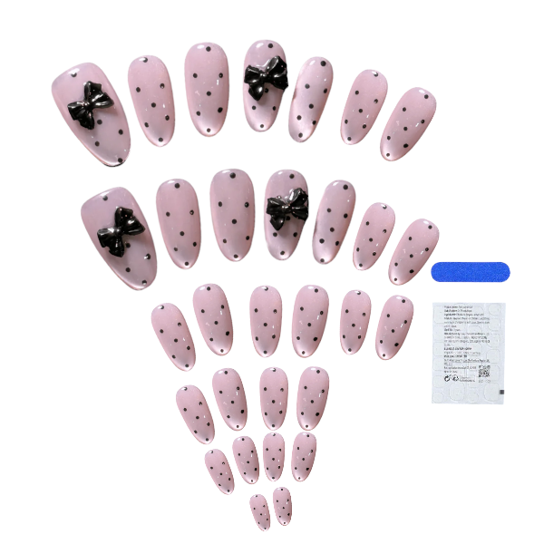 30 Pieces Pink Polka Dot And Bow Press-On Nail Set - Black