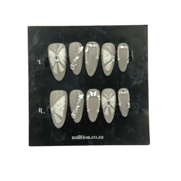 Butterfly Almond Nails with Gold &amp; Pearls (S)