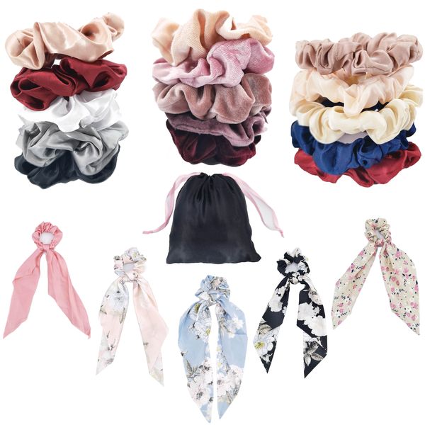 Scrunchies For Hair - 5 Satin, 5 Velvet, 5 With Ribbons &amp; 5 Skinny Hair Ties