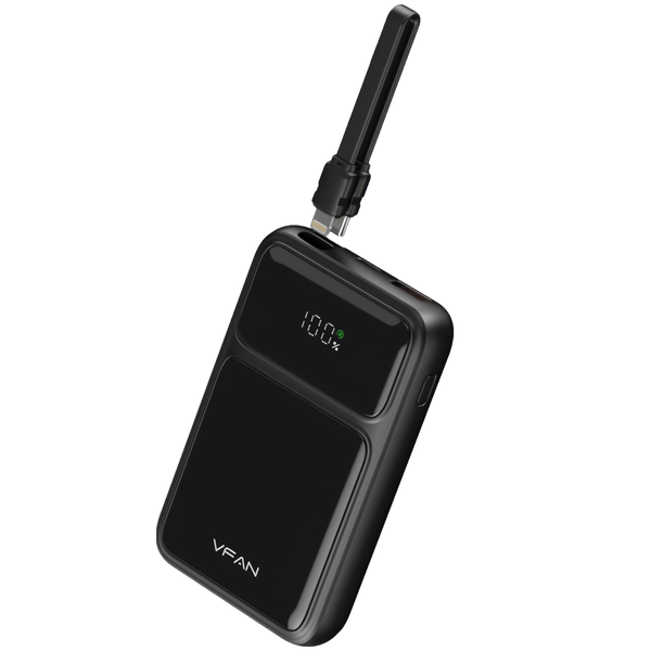 VFAN 22.5W 10000mAh Power Bank with Type-C &amp; Lightning Cable &amp; Strap- Black