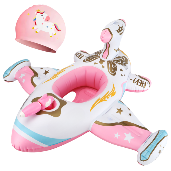 Airplane Toddler Swim Pool Float With Built-In Water Gun &amp; Swim Cap