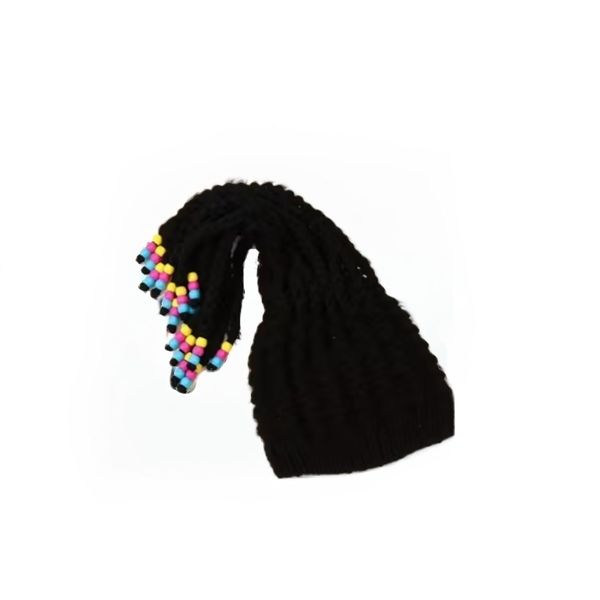 Black Fringed Beanie with Colorful Barrel Beads | Braided Knit Hat
