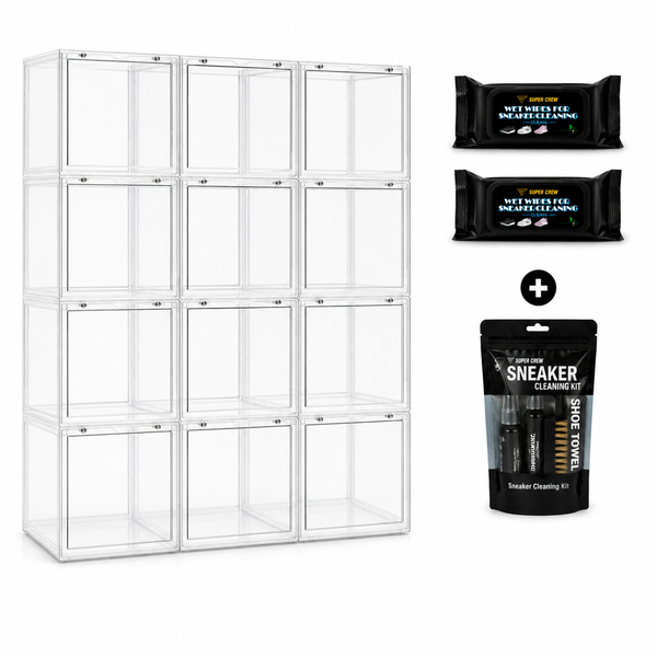 12 Pack Combo - 12 Stackable Shoe Box with Cleaning Kit &amp; 2 x Wipes