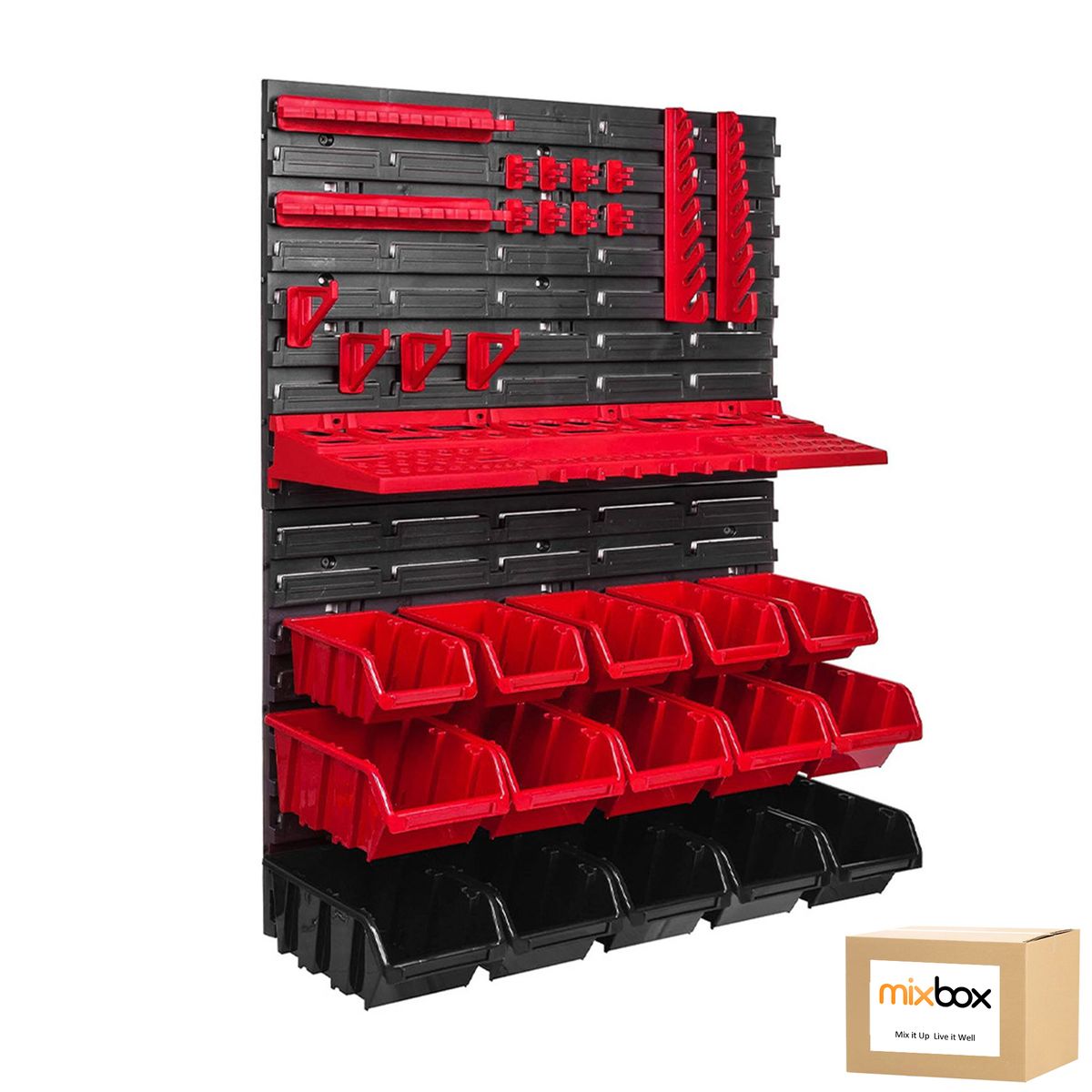 Mix Box 36-pcs Wall Plastic Pegboard Panels and Storage Bins Organiser Kit