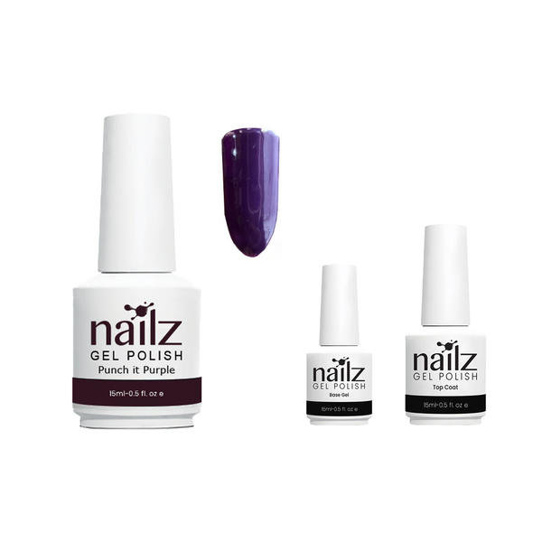 Nailz Punch it Purple Gel Polish + Top Coat + Base Gel 15ml