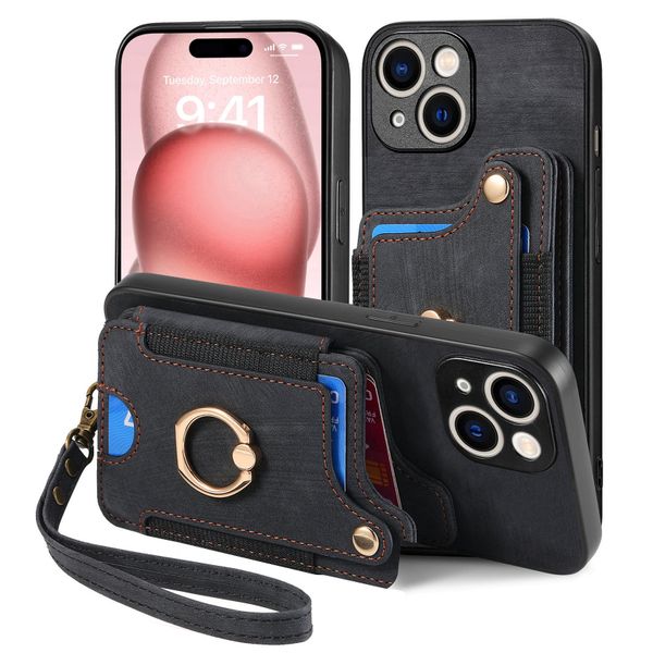 Finger Ring Case Compatible With iPhone 15 Leather Lanyard Cover