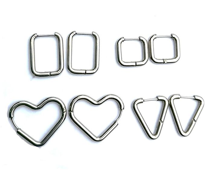 Stainless Steel Set of 4 Shape Earrings - Rectangle/Square/Triangle/Heart