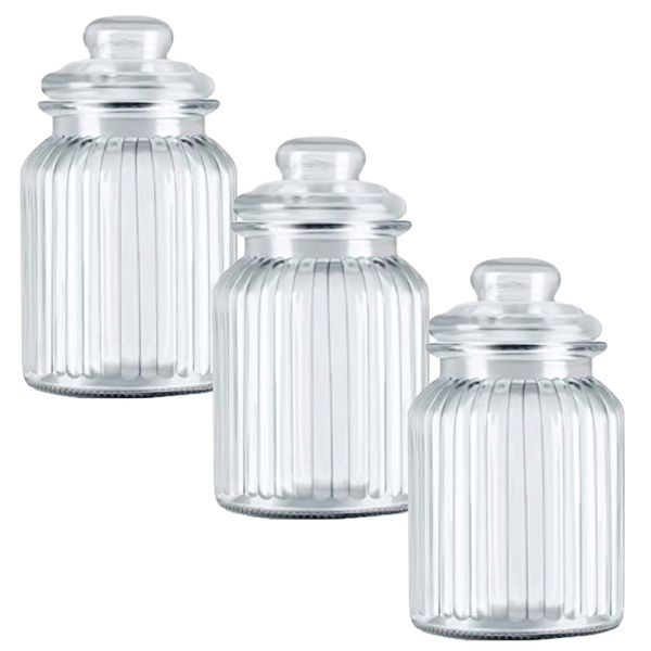 Kitchen Multifunctional Old School Glass Candy Storage Jar Set Of 3 - 230ml