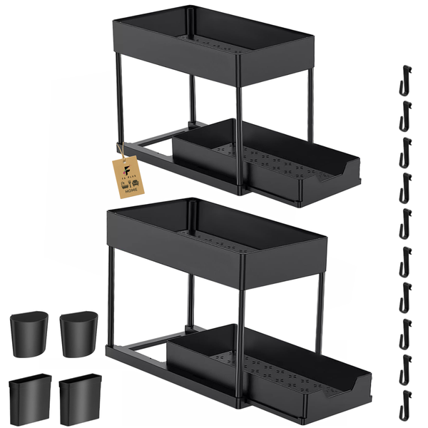 FA PLUS 2 Packs Under Sink Drawer Organizer, 2 Tiers with Hooks and Hanging Space