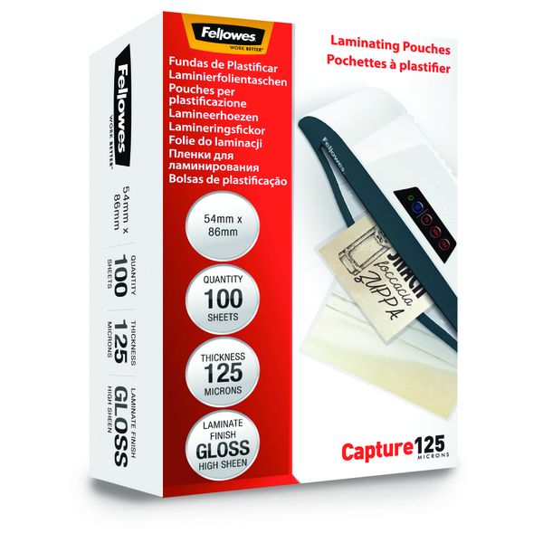 Fellowes Capture125 Gloss Laminating Pouches,54x86mm 250 Mic (125+125)100's