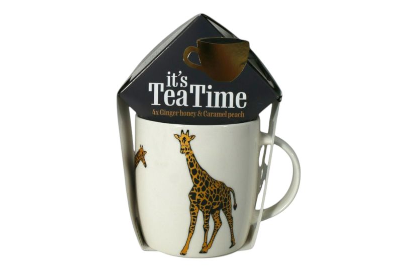 Porcelain 400ml Tea Cup Giraffe Print with 4 Ginger &amp; Honey Teabags