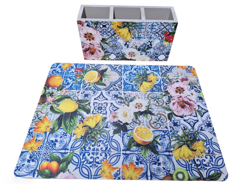 Cutlery Holder &amp; Hot Pot Stand Combo - Flowers on Blue Mandala