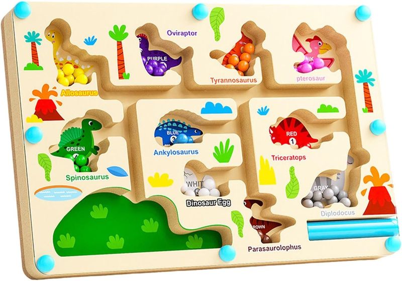 2-in-1 Montessori Wooden Magnetic Maze Toy with Dinosaur Color Sorting