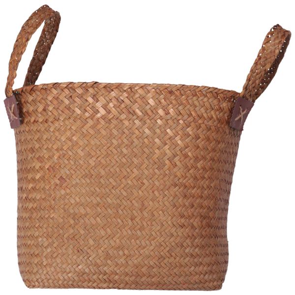 Natural Straw Basket Bin Handmade With Handgrip Orange 33X21X26cm