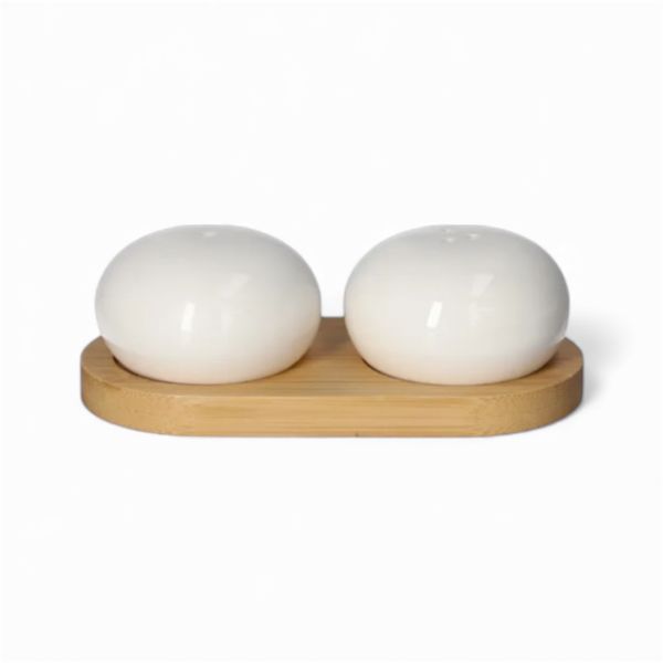 Set of 2 - Premium Ceramic Salt &amp; Pepper Shakers with Wooden Stand Board
